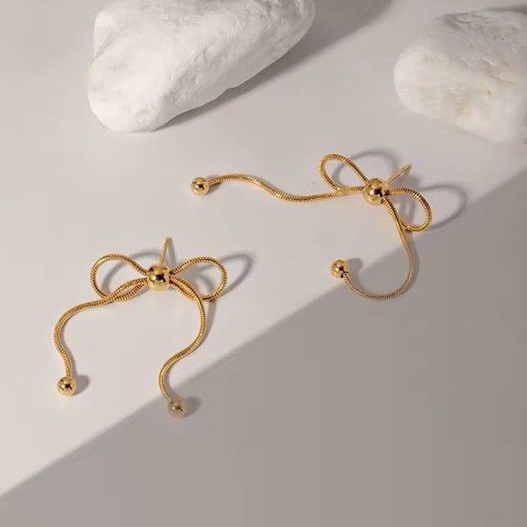 Stainless Steel Bow Tassel Earrings - Picture 2 of 4